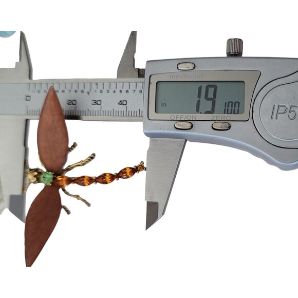 Gold Tone Orange Green Rhinestone Copper Tone Textured Wing Dragonfly Pin, E669 - Picture 8 of 9